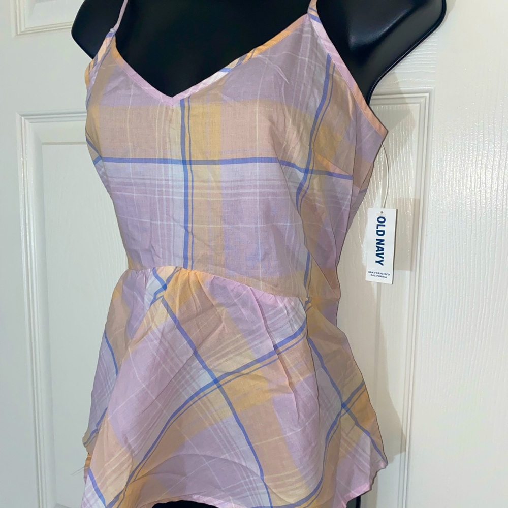 NWT Old Navy XS Orange and Purple Plaid Peplum Tank Top